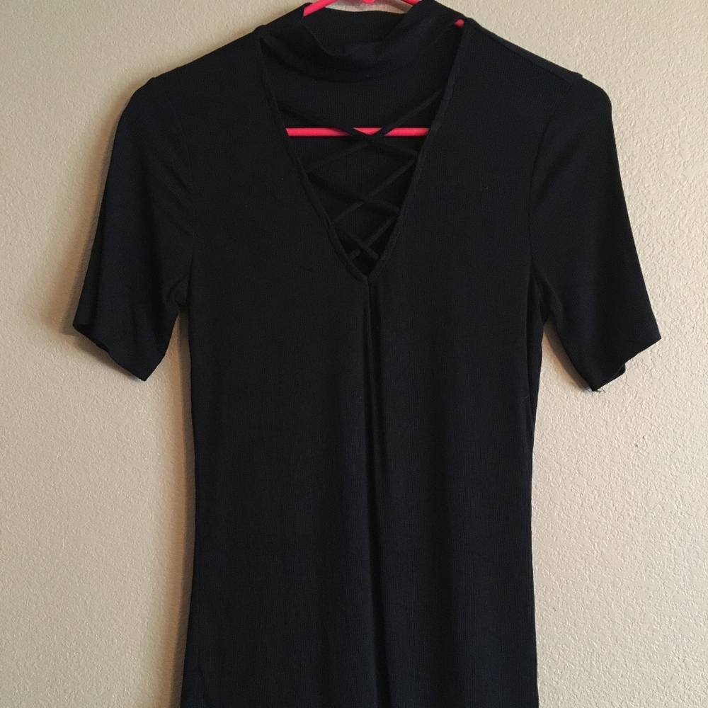 Black Criss Cross V Neck Chocker Top